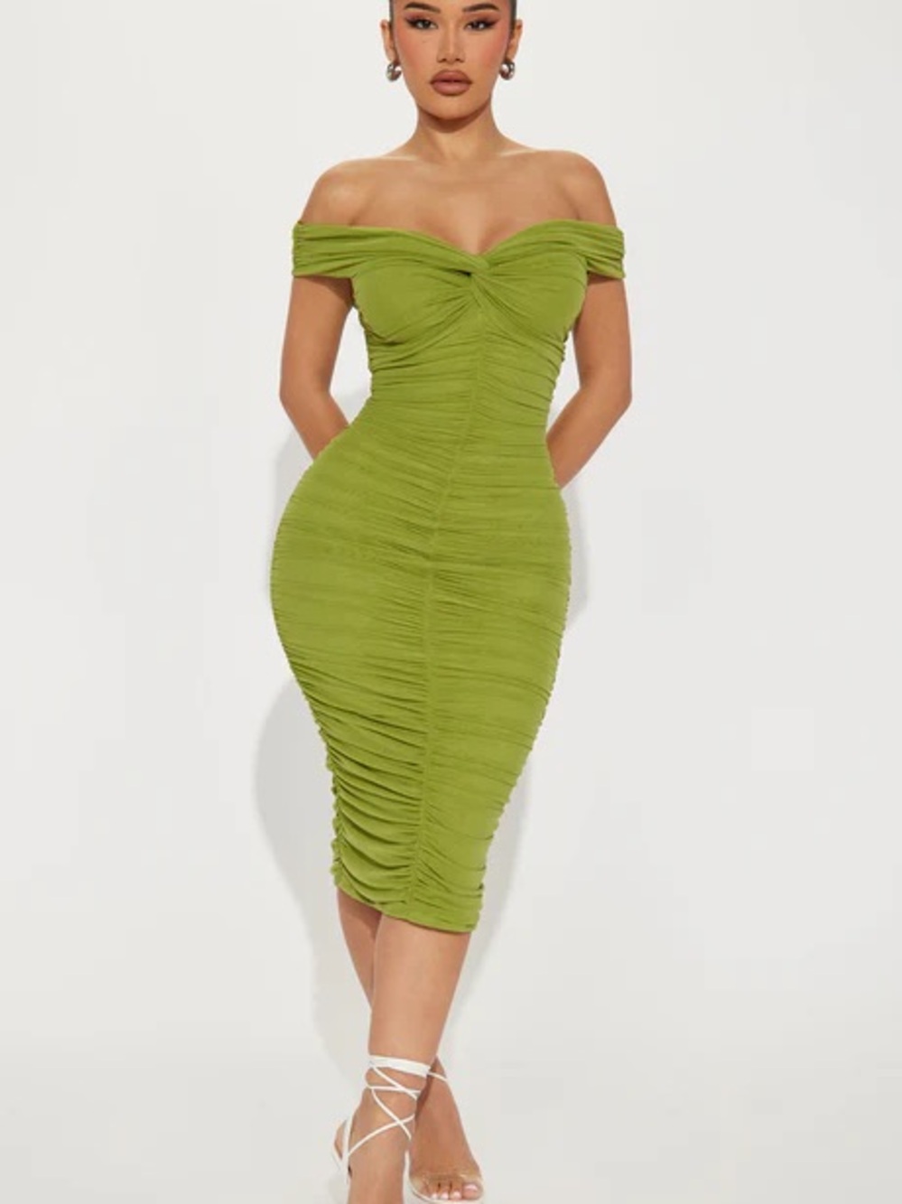 Off-Shoulder Ruched Midi Dress in Olive Green
